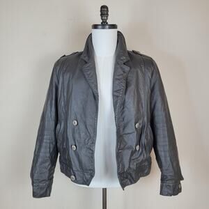 VTG Oleg Cassini Leather Jacket Men 38 Gray Double Breasted Bomber Epaulet Moto